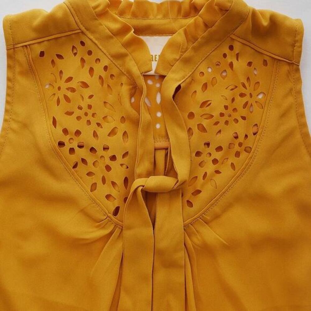 Anthropologie Luca Tie-Neck Blouse‎ by Maeve Medium 10 Yellow Laser Cut - Picture 6 of 8